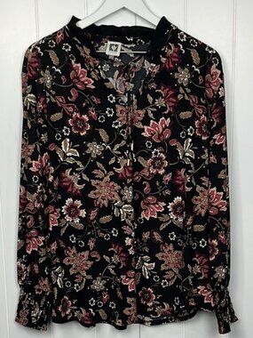 Anne Klein Womens Tunic 1X Black/Brown Floral Print Ruffle Neckline Chic Relaxed